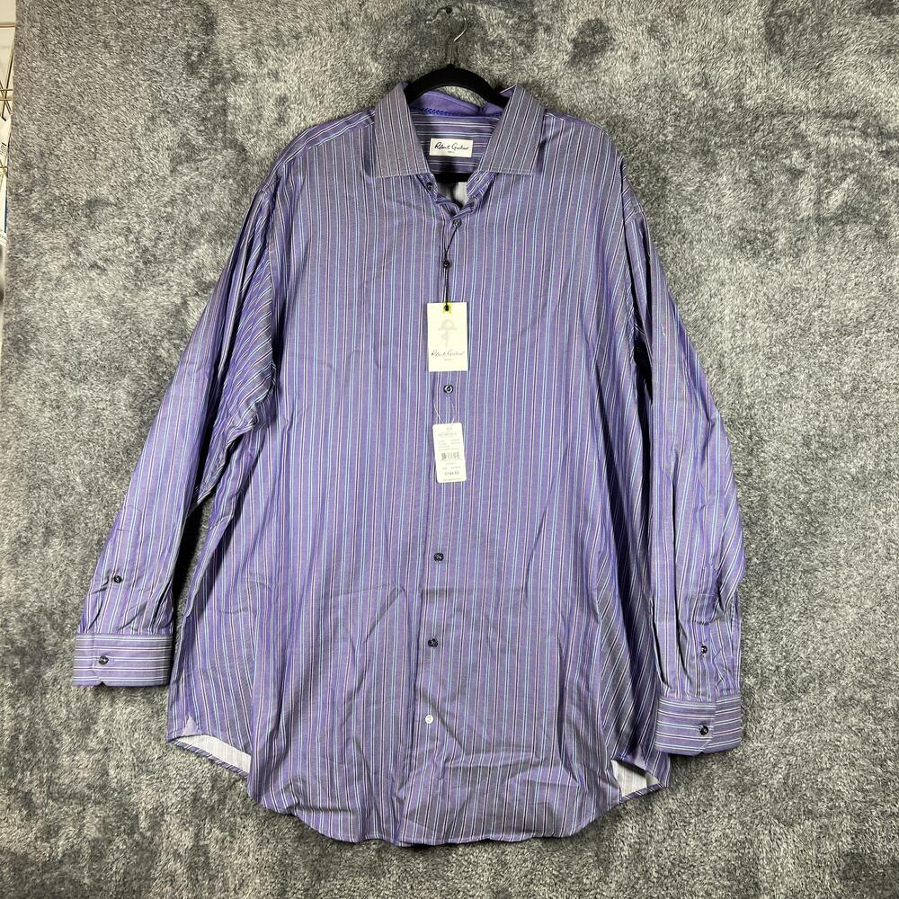 Robert Graham Shirt Mens 18.5 Purple Striped Button Up Cotton Classic Fit